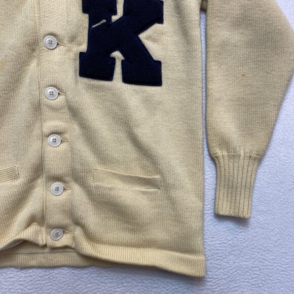 VINTAGE Snowden Mize Cardigan Mens 44 Beige Letterman K Wool Sweater 40s 50s 60s - Picture 3 of 14